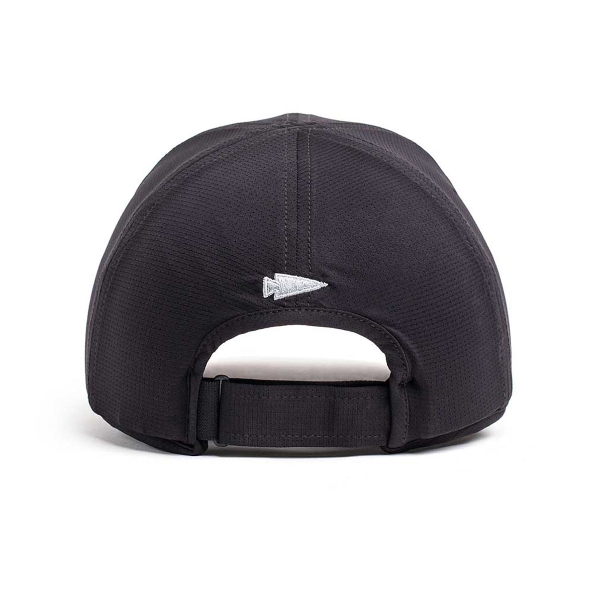 Back view of a ToughMesh Performance Running Hat in black, made from premium Italian fabric, showcasing an arrowhead logo and adjustable strap against a white background.