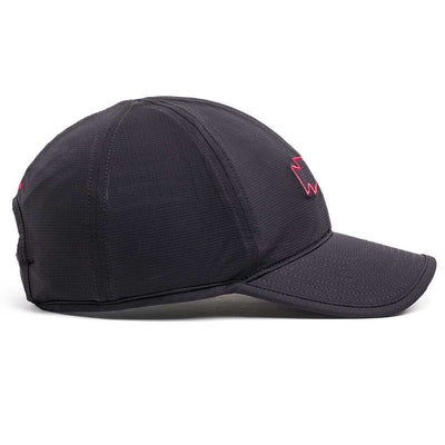 The Performance Running Hat - ToughMesh features a black design made from premium Italian fabric, highlighted with red stitching, displayed from a side view on a white background.