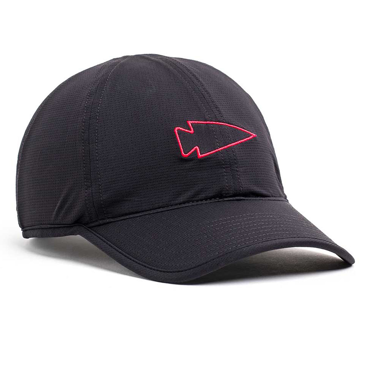 The Performance Running Hat - ToughMesh is a black baseball cap made from premium Italian fabric, featuring a red outlined arrowhead design on the front.