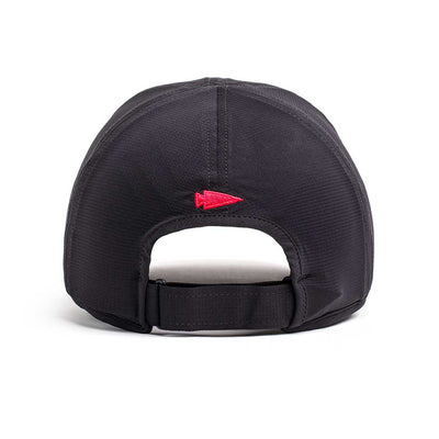 Back view of the Performance Running Hat - ToughMesh, featuring a red arrowhead logo above an adjustable strap, crafted from premium Italian fabric.