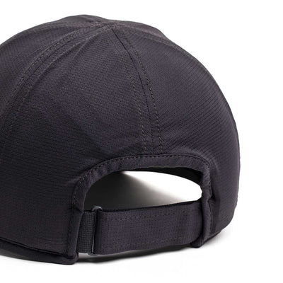 Back view of the Performance Running Hat - ToughMesh in black, made from premium Italian fabric, with an adjustable strap and buckle closure on a white background.