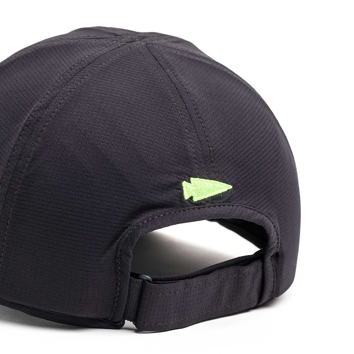 Back view of a ToughMesh Performance Running Hat in black, featuring a green arrow logo, crafted from premium Italian fabric with an adjustable strap.