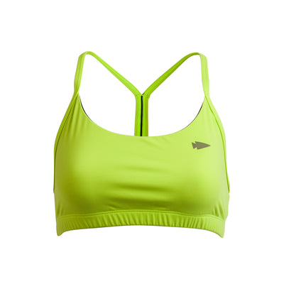 Introducing the Stealth Bra - ToughFlex by GORUCK, a vibrant green athletic sports bra made from durable ToughFlex fabric. It features thin straps and a racerback design for lightweight support, with a subtle logo adorning the left side.