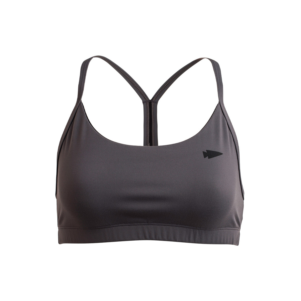 The Stealth Bra - ToughFlex by GORUCK is a black sports bra with thin straps and a racerback design, featuring a small arrow-shaped logo on the front. Made from ToughFlex fabric, it provides lightweight support while staying smooth and stretchy for athletic activities.