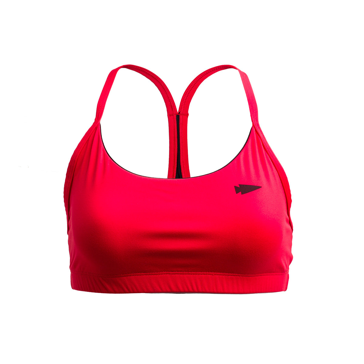 The Stealth Bra - ToughFlex by GORUCK is a vibrant red sports bra with a racerback design and a small arrow logo on the front. Made with ToughFlex fabric, it provides lightweight support and a smooth, breathable fit ideal for athletic activities.