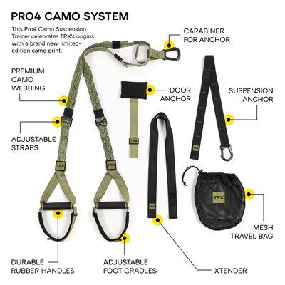 Image featuring the components of the TRX PRO4 CAMO by TRX Training - United States, ideal for a comprehensive full-body workout. This system includes adjustable straps with premium camo webbing, a suspension anchor, door anchor, carabiner, durable rubber handles, adjustable foot cradles, and a mesh travel bag for easy storage.