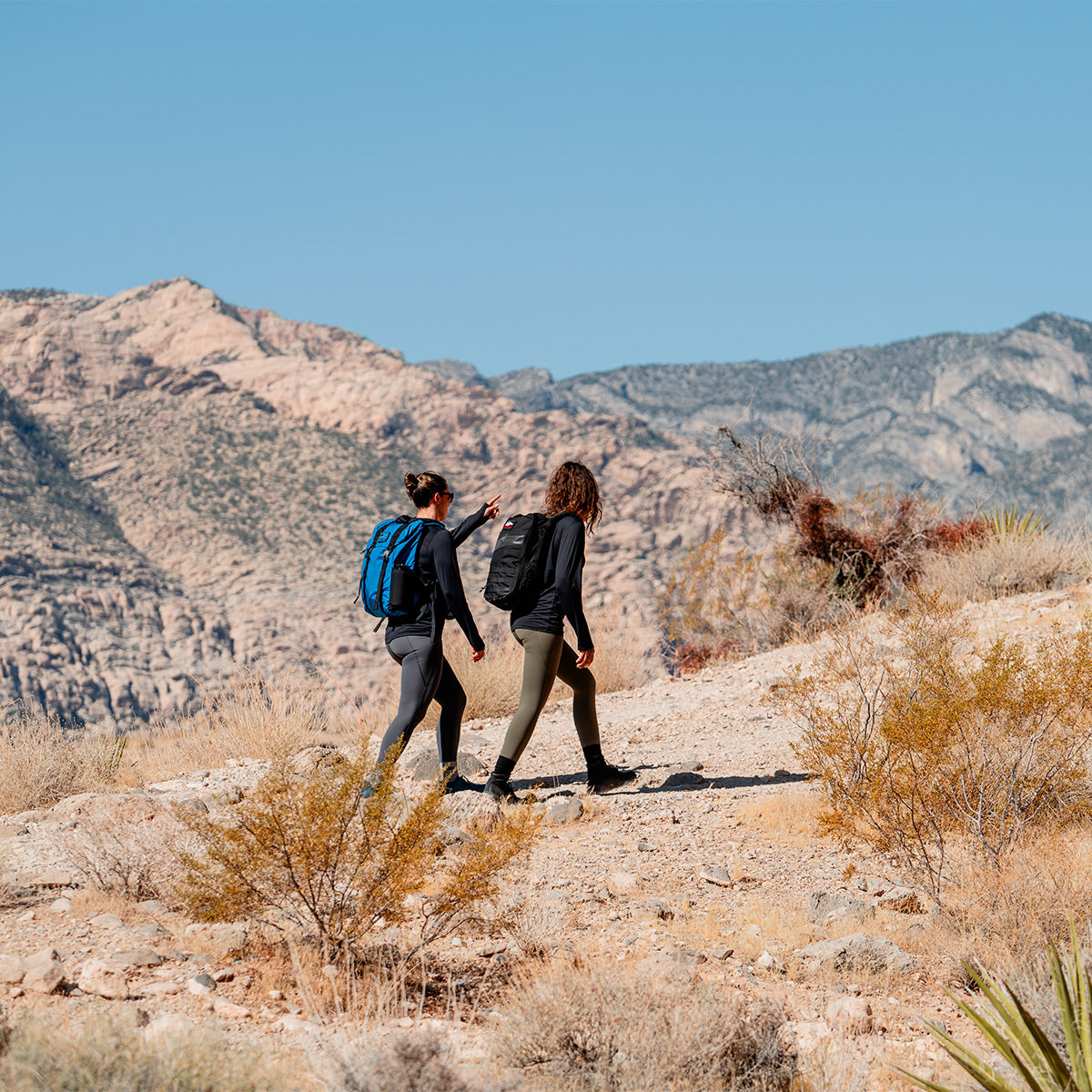 Two people with backpacks, one carrying a sleek M24 - Ripstop ROBIC® rucksack by GORUCK, hike along a desert trail. The path unfurls under a clear blue sky, flanked by majestic mountains in the background.