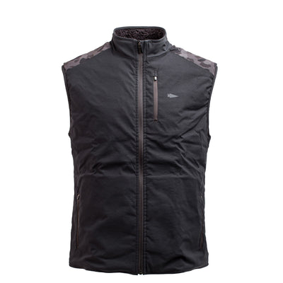 The GORUCK Vest of Power - ToughDry® + Fleece features a stylish black sleeveless design with a durable front zipper and eye-catching camouflage shoulders against a crisp white backdrop.