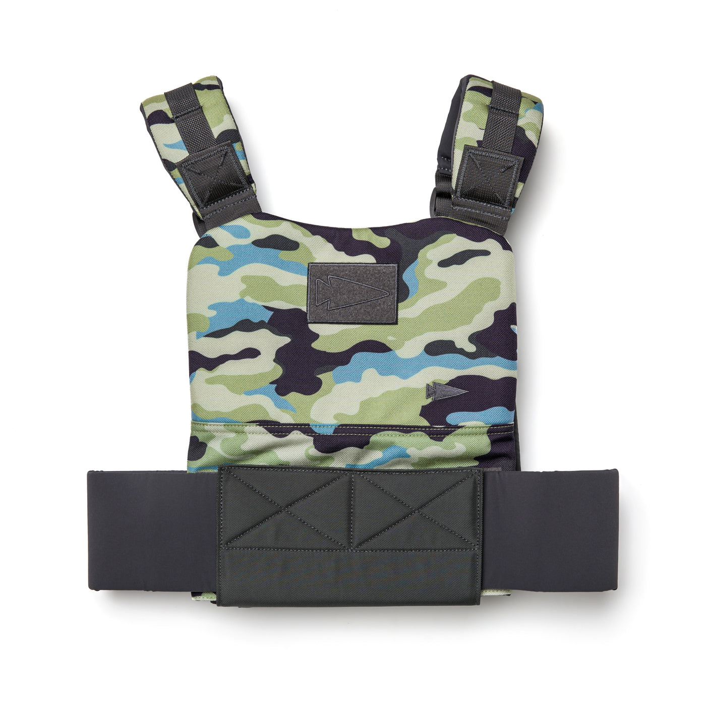 The Training Weight Vest 2.0 by GORUCK showcases a camouflage-patterned design in green, black, and beige with adjustable black straps and padding. It includes Velcro patches on the front, making it an ideal choice for outdoor or military-style activities, while also providing customizable resistance for workouts.