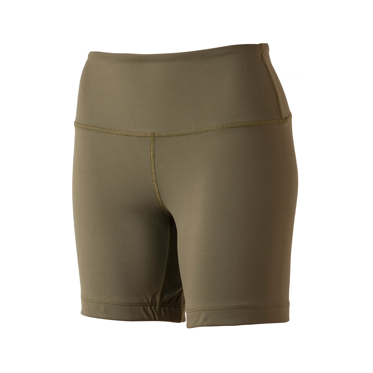 The Women's Biker Shorts - ToughFlex by GORUCK come in olive green with a high-waisted design, offering ToughFlex fabric and stitching detail for enhanced durability. These shorts provide a smooth finish and snug fit, perfect for exercise and casual wear, featuring stay-put technology to ensure they remain securely in place during any activity.