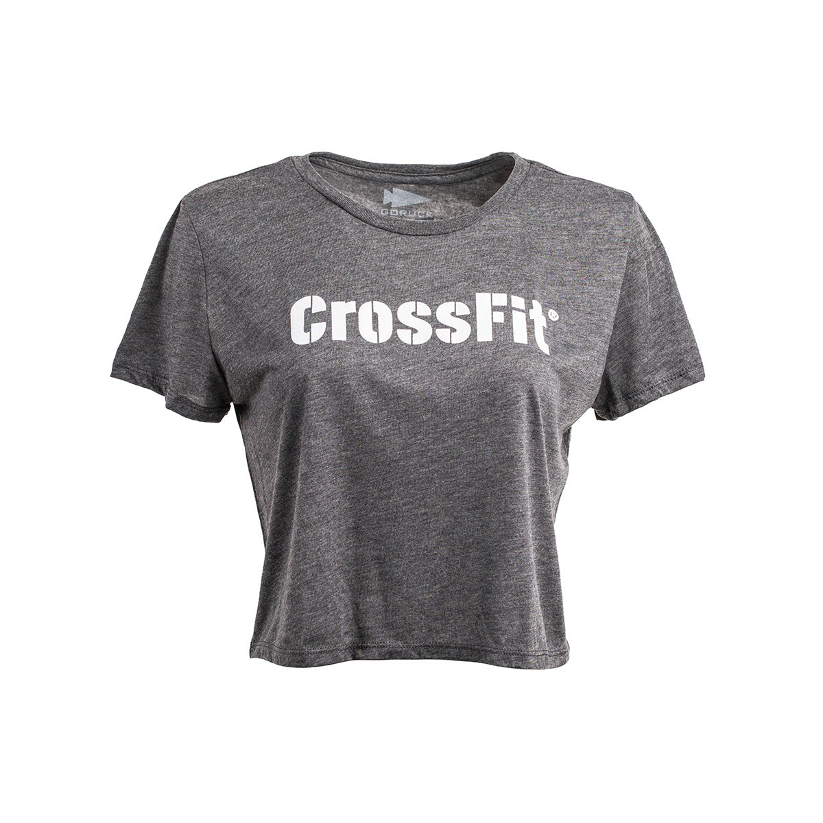 Gray Women's CrossFit Stencil Cropped Tee by GORUCK, made from a premium poly-blend and showcasing "CrossFit" printed in white on the front for an extra soft touch.