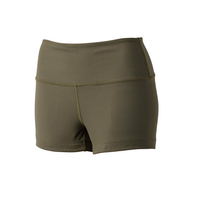 The olive green Women's Squat Shorts from GORUCK are showcased against a plain white backdrop. These high-waisted shorts boast a wide waistband and a form-fitting design, ideal for workouts or everyday wear. Constructed with ToughFlex Fabric, the material feels smooth and stretchy, ensuring maximum comfort and durability.