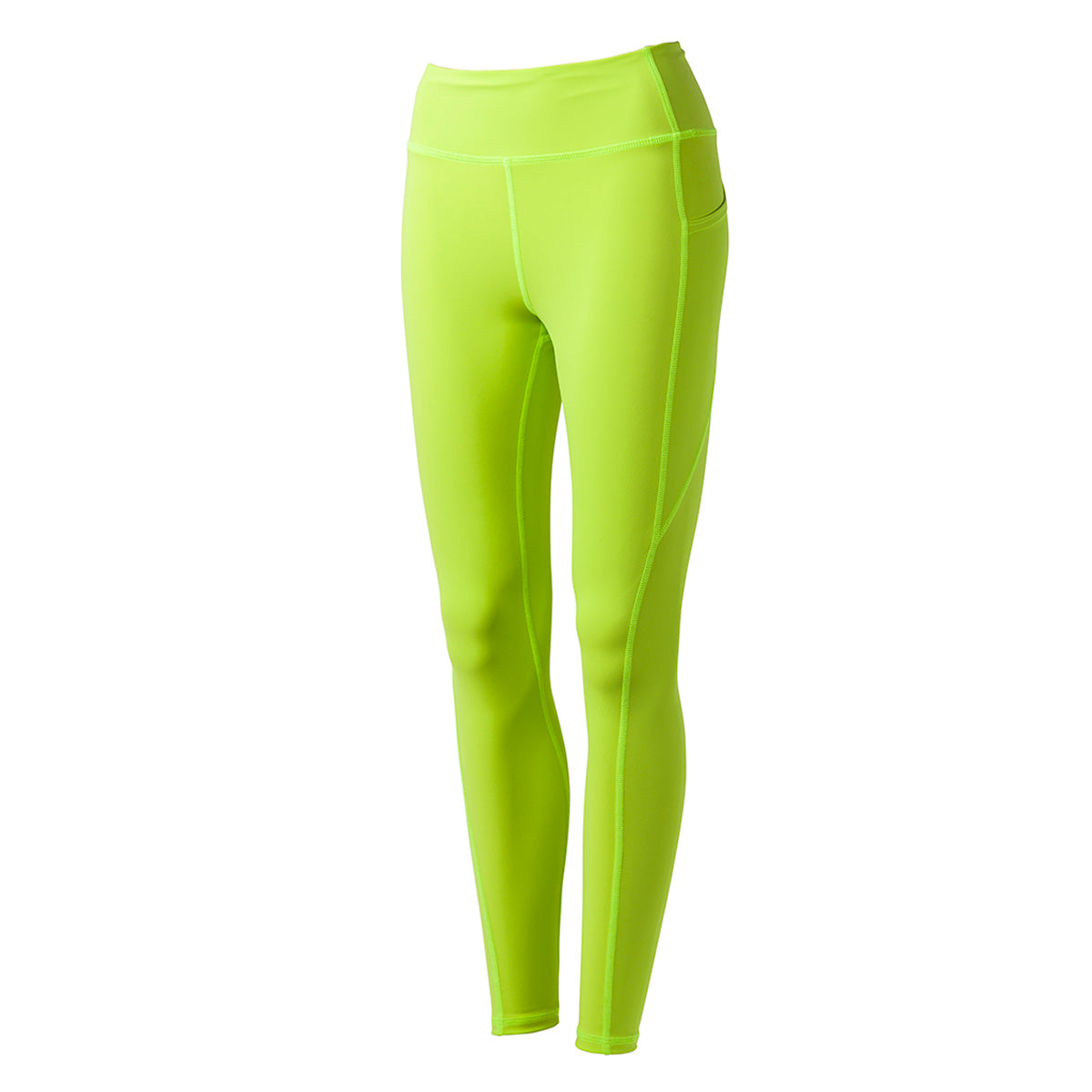 Women’s Training Leggings Pocket - ToughFlex in bright lime green by GORUCK, featured against a white background. These high-waisted leggings showcase the durable ToughFlex fabric and come with side pockets, with visible stitching lines enhancing their design.