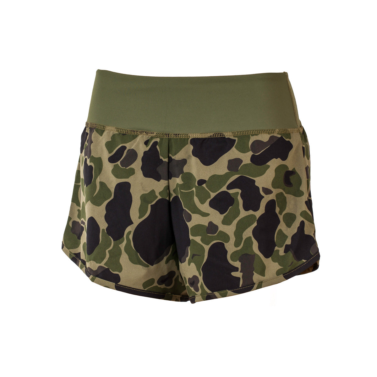 The Women’s Training Shorts - ToughStretch by GORUCK feature an olive green waistband and are designed with an abstract green and black camo pattern. Made from ToughStretch fabric, these squat-proof shorts are ideal for outdoor or athletic activities.