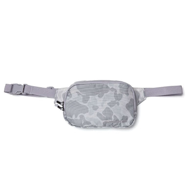 Introducing the GORUCK Belt Bag - Ripstop ROBIC® in Arctic Camo: A robust waist pack constructed from high-quality Robic nylon. It features an adjustable strap with a buckle, waterproof zippers for the front compartment, and a discreet logo on the lower right corner.