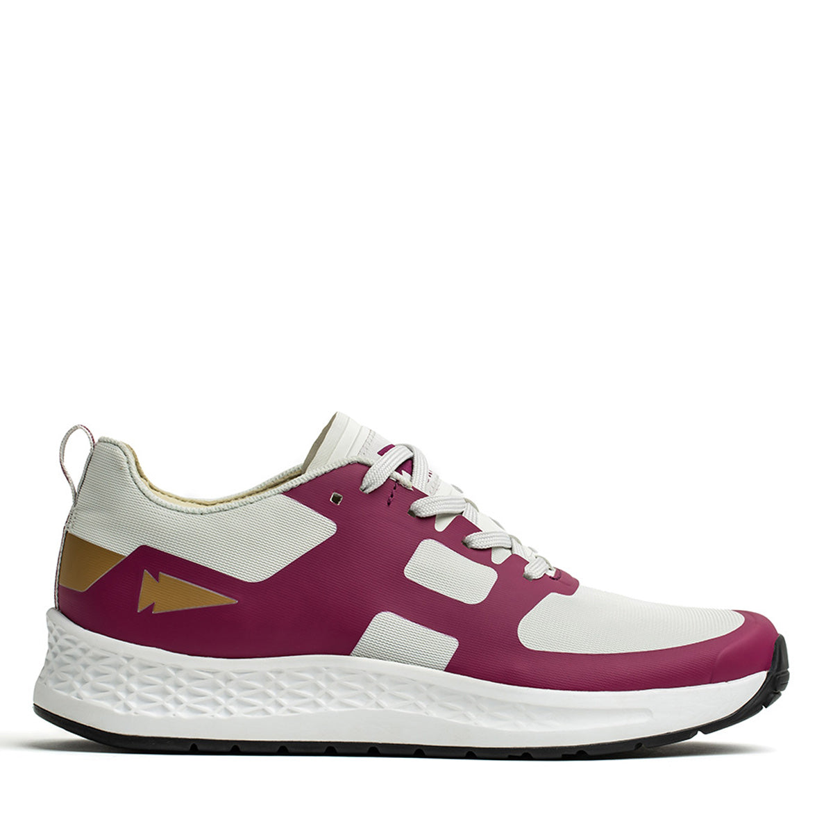 Introducing the Women's Rough Runner - Baton Rouge by GORUCK: A chic white and maroon athletic shoe featuring a distinctive wavy EVA midsole for Gradient Density comfort, complemented by a black outsole. Highlights include a maroon arrow logo on the side and a brown heel accent, making it ideal for the Rough Runner.