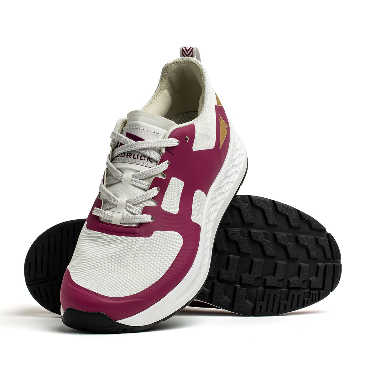 The Women's Rough Runner - Baton Rouge by GORUCK is a white athletic shoe featuring magenta accents and an EVA midsole. It has a textured sole and lace-up design, which highlights both the upper design and tread pattern, making it an ideal choice for any Rough Runner looking for style and performance.