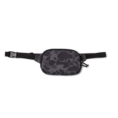 A black belt bag with a dark gray camouflage pattern and an adjustable webbing strap from GORUCK. This compact accessory includes a small zipper compartment and a subtle logo on the front.