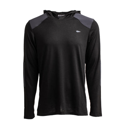 The Men’s Commando Pullover by GORUCK is a black long-sleeve hooded shirt featuring dark gray shoulder patches and reinforced paneling, reminiscent of a British Commando Sweater. It has a small emblem on the chest and is made from lightweight, breathable merino wool fabric without visible branding or markings.