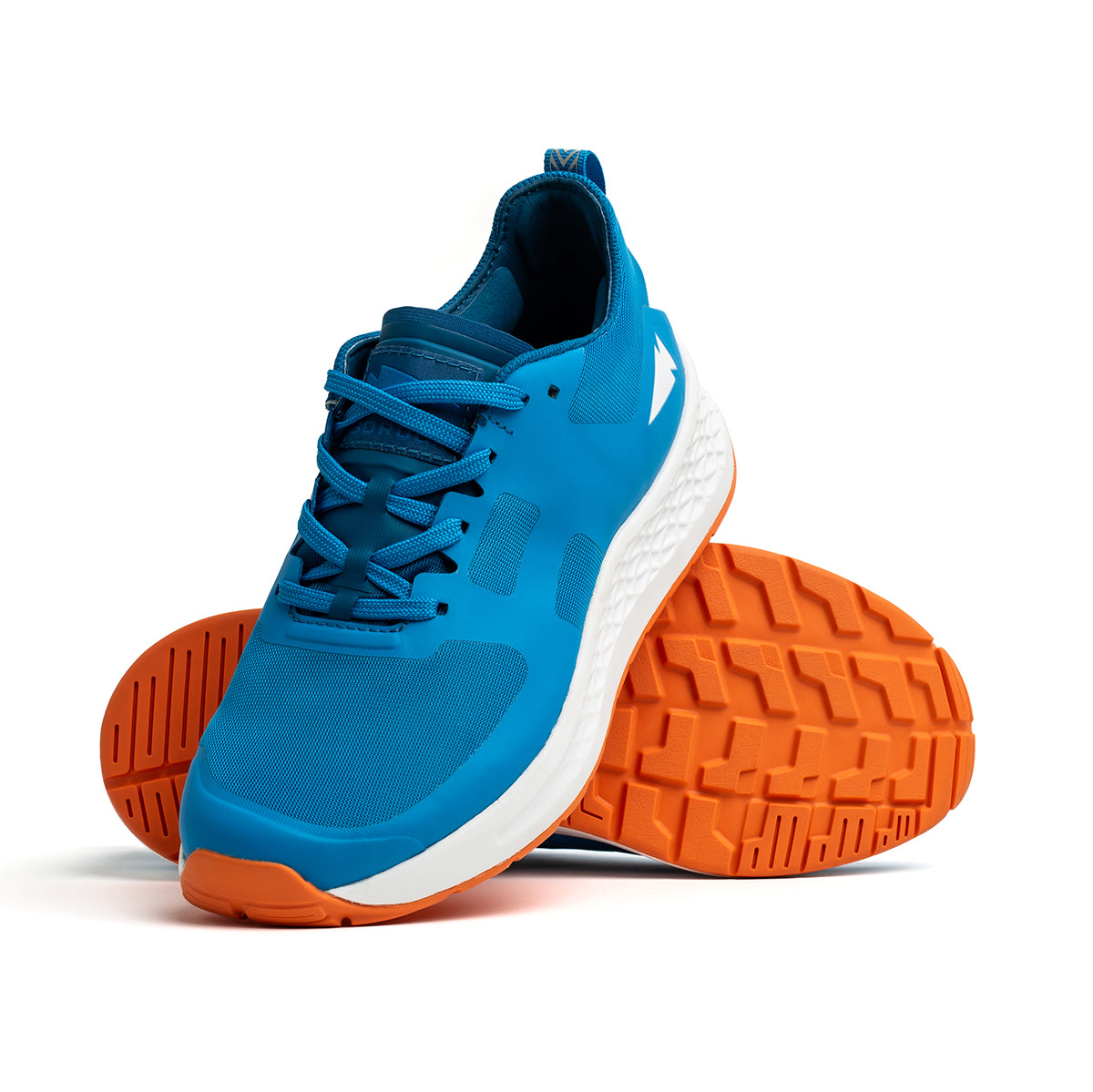 The Women's Rough Runner - Electric Blue by GORUCK are athletic shoes with striking orange soles, perfect for Rough Runner adventures. Creatively displayed, one shoe stands upright while the other leans against it, accentuating the tread pattern and sleek, modern design tailored for high mileage performance.