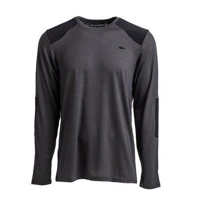 The GORUCK Men’s Commando Long Sleeve - Merino Wool is a gray athletic shirt with long sleeves, highlighted by black shoulder and elbow patches with reinforced paneling, all set against a white background.