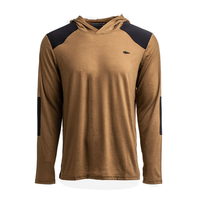 Introducing the GORUCK Men’s Commando Pullover - a brown hooded long-sleeve crafted from soft merino wool, reminiscent of a British Commando Sweater. It features black shoulder and forearm patches for added durability, and a small triangular logo on the chest that adds a subtle touch of style.