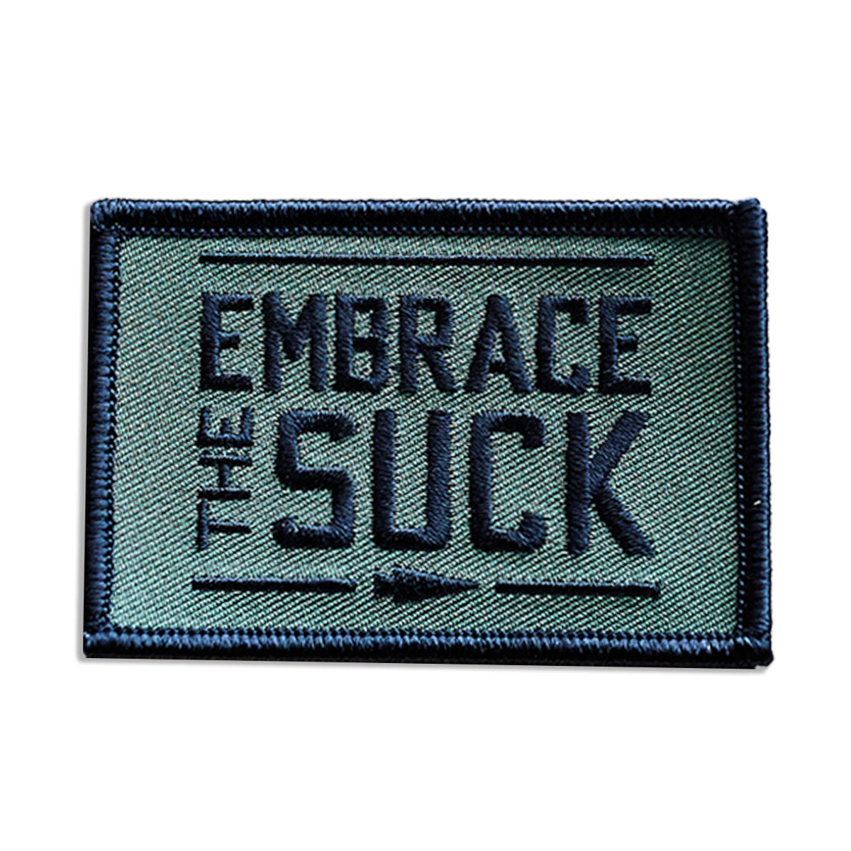 The Patch - Embrace The Suck by vendor-unknown features an embroidered design with the text "Embrace the Suck" on a green background, bordered in black, and includes a VELCRO® backing for easy attachment.