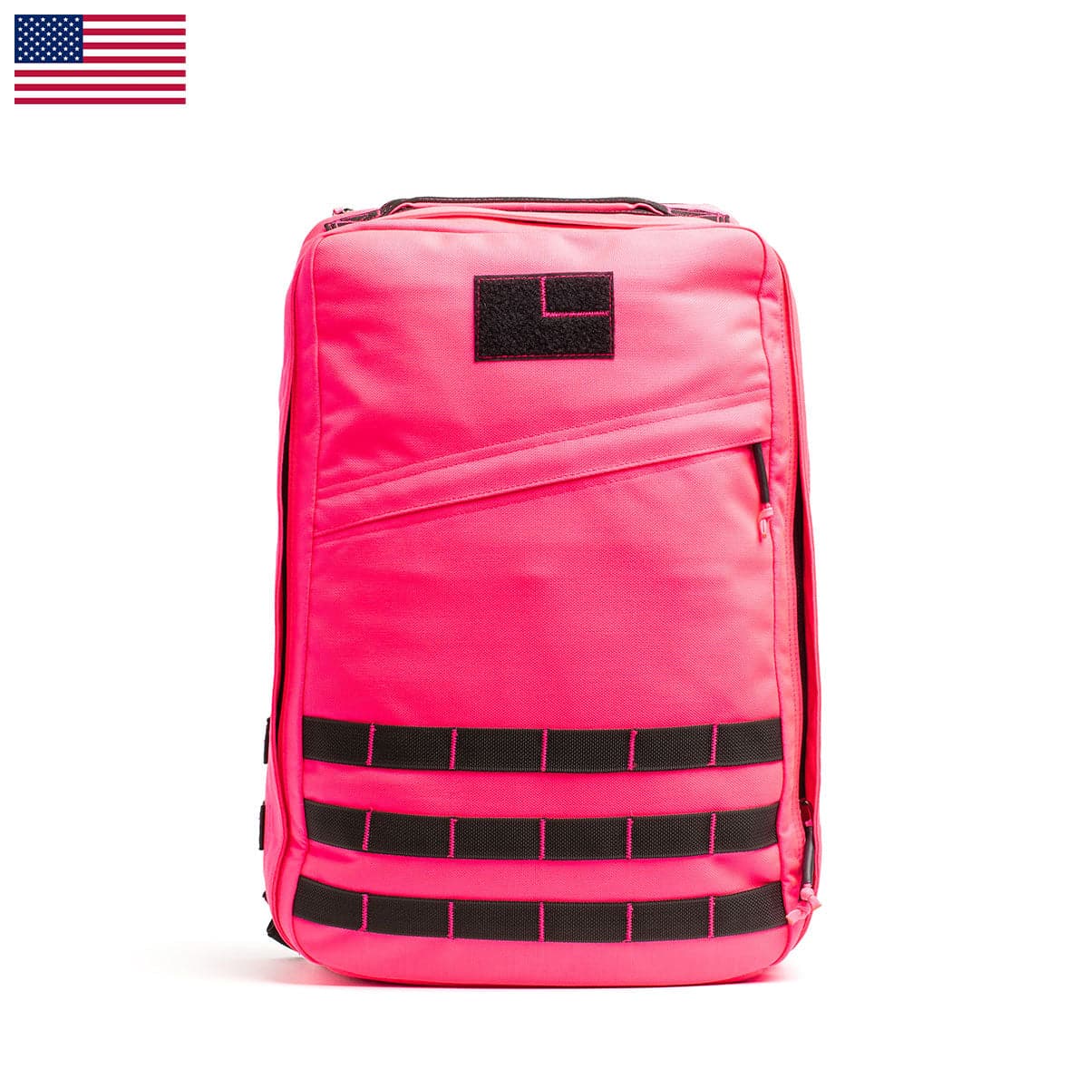 Introducing the GR1 USA - Hot Pink by GORUCK: a vibrant pink backpack with sleek black accents and a distinctive rectangular patch on the front. Designed for durability and high performance, it boasts multiple horizontal black straps near the bottom. An American flag icon is prominently placed in the top-left corner, drawing inspiration from Special Forces design.