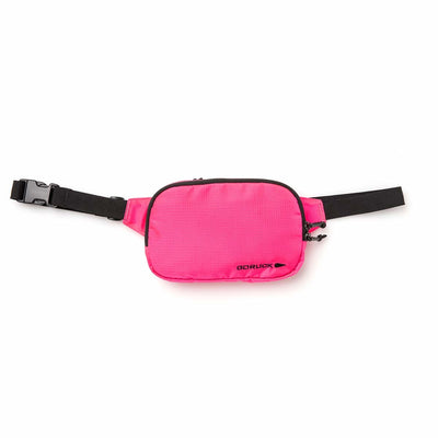 The Belt Bag - Ripstop ROBIC® by GORUCK is a vibrant pink waist bag made from robust Robic Nylon. It features contrasting black zippers and a smooth, adjustable strap. The minimalist design showcases the GORUCK logo on the front and includes Waterproof YKK AquaGuard zippers, making it ideal for both outdoor adventures and everyday use.