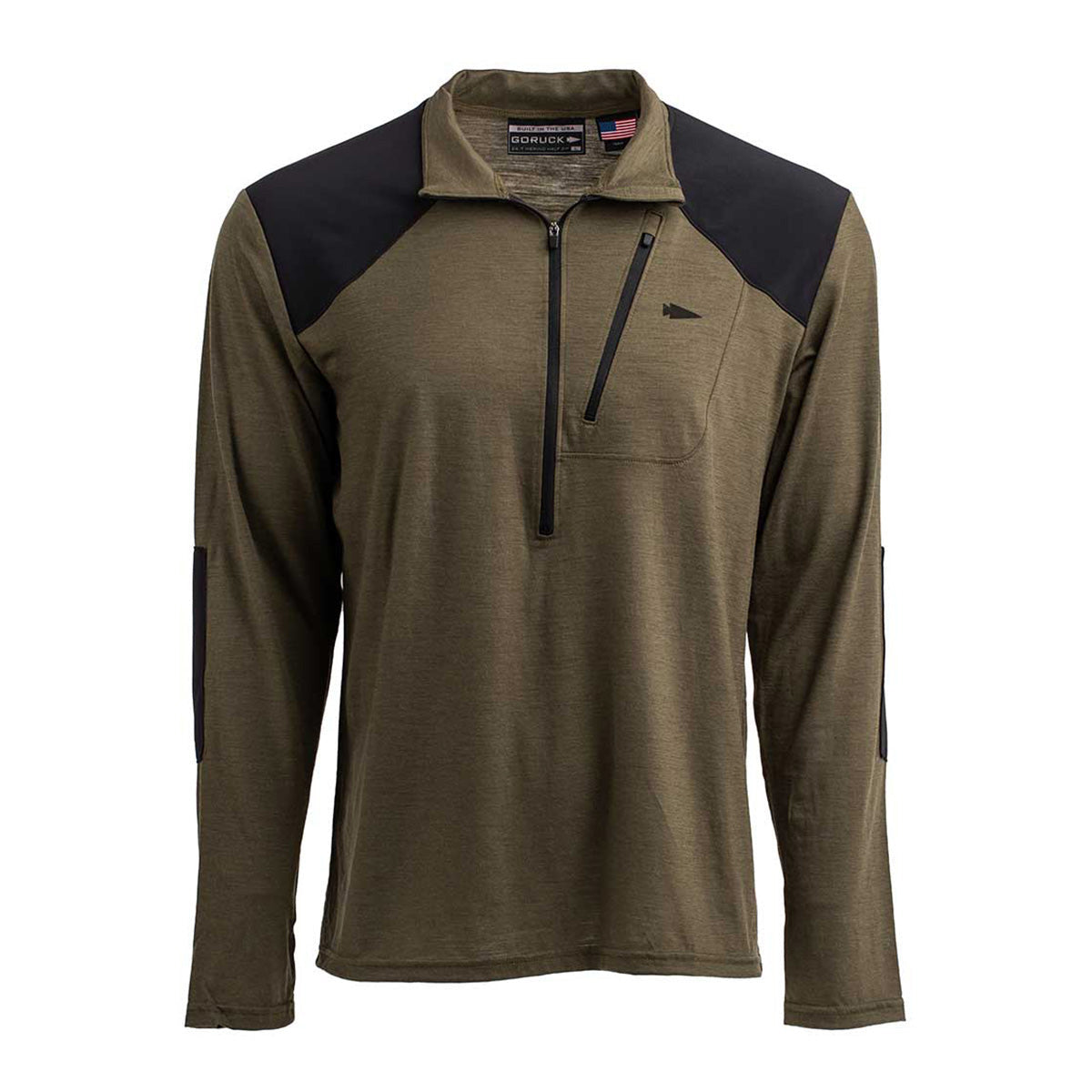 The Men’s Commando Half Zip by GORUCK is an olive-green and black, long-sleeve pullover made from merino wool. It features a quarter zip and chest pocket, along with reinforced shoulder and elbow paneling, all displayed on a white background.