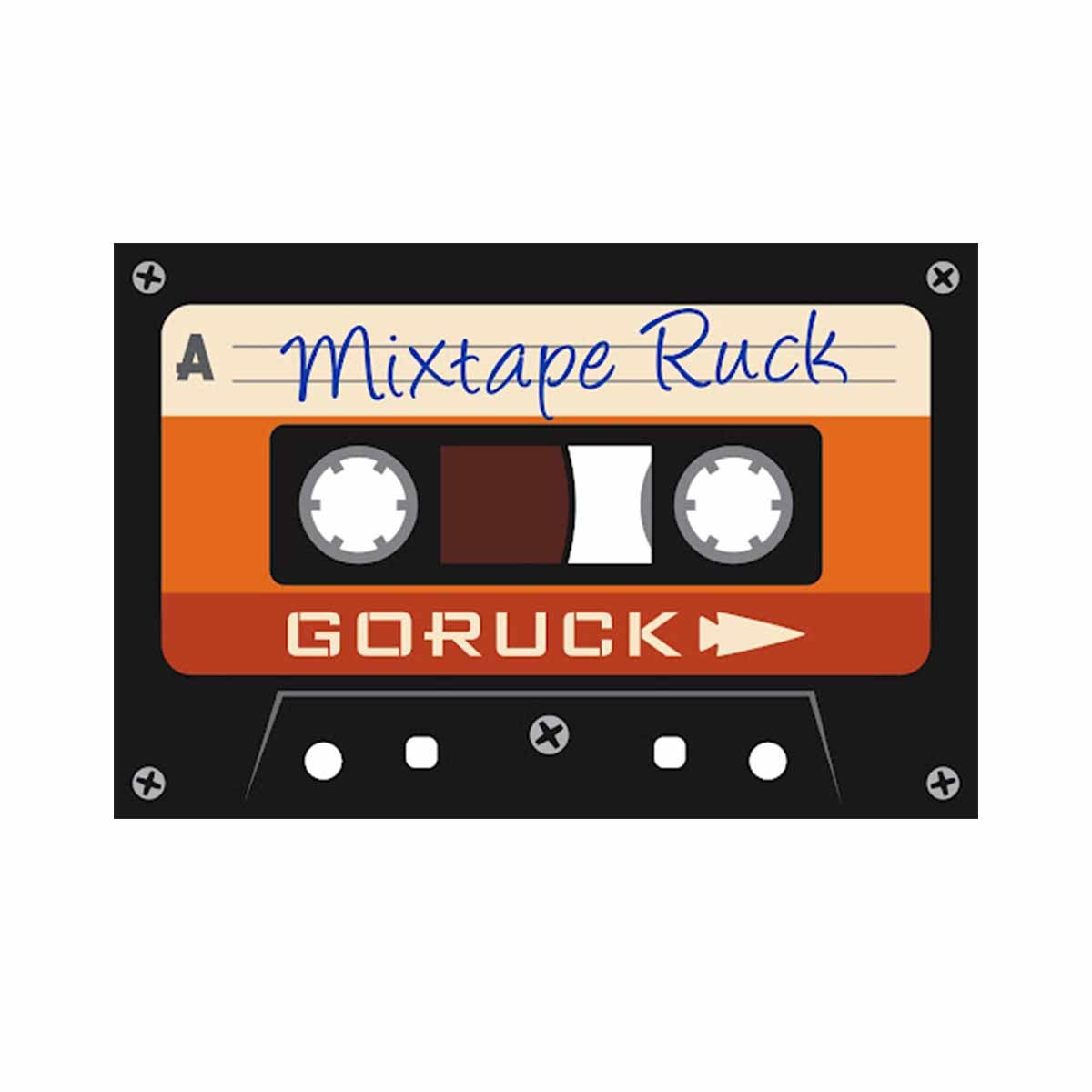 A depiction of a vintage audio cassette labeled "Patch - Mixtape Ruck," featuring brown and orange accents, embodies the spirit of classic playlist creation.