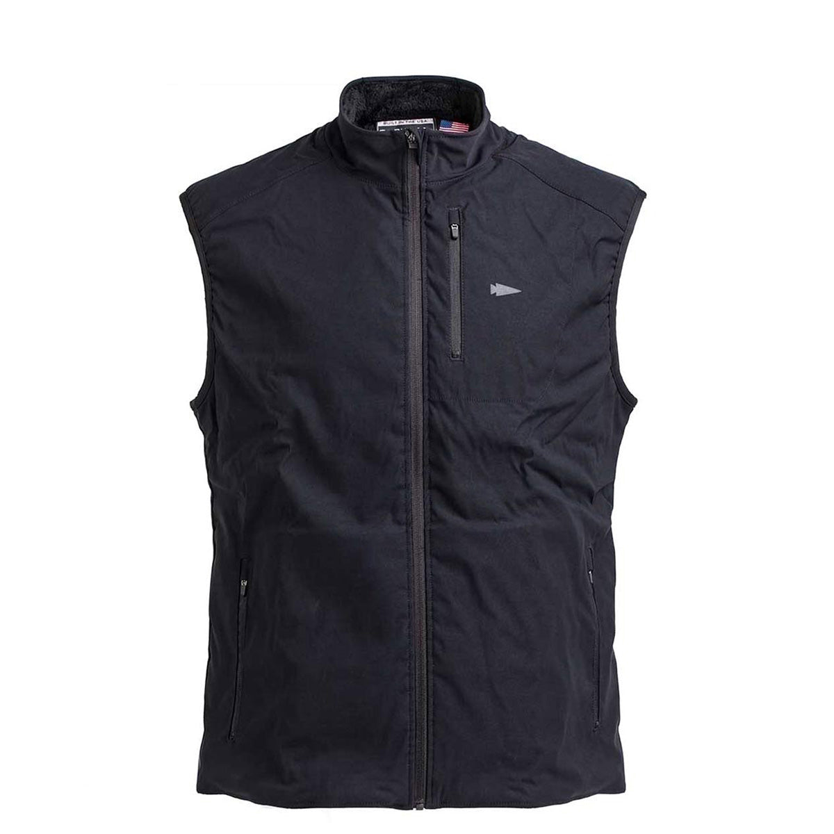 The Vest of Power - ToughDry® + Fleece by GORUCK exudes power with its high collar and zip closure in a sleek black sleeveless design. It features practical two side pockets with zippers and is adorned with a small triangular logo on the chest. Presented against a clean white background, this vest combines style with environmental consciousness.