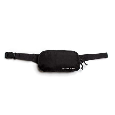 The GORUCK Belt Bag - Ripstop ROBIC® showcases a sleek black rectangular pouch and a sturdy adjustable strap. It features waterproof YKK AquaGuard zippers and a stylish white logo on the lower right corner of the pouch.