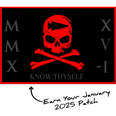 A red skull and crossbones with symbols and "KNOW THYSELF" on black. Text reads "Earn Your January 2025 Patch." Join the GORUCK Tribe 'n Training program for a unique experience in community building, personal growth, and resilience.