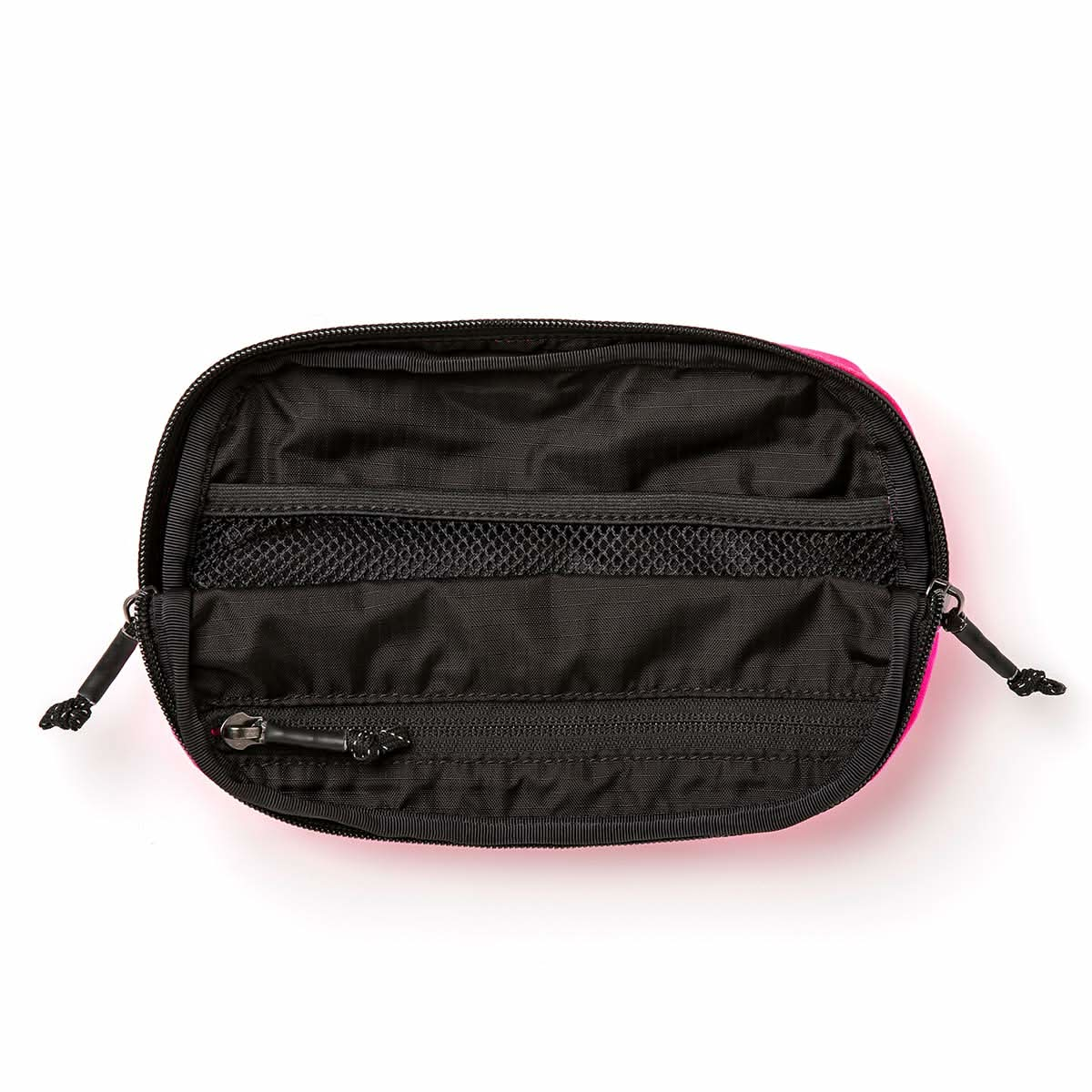 The Belt Bag - Ripstop ROBIC® by GORUCK is a compact, open, rectangular black pouch made from durable Robic Nylon, featuring a zippered main compartment. Inside are two mesh pockets and an additional zippered pocket for organization. The exterior exhibits pink accents around the edges and uses waterproof YKK AquaGuard zippers for enhanced protection.